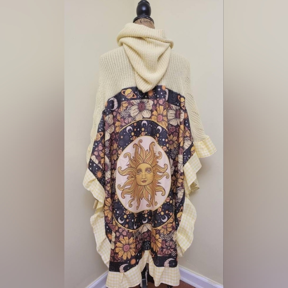 β¨οΈUpcycled Floral, Sun and Moon Women's Sweater Hooded Cloak! - Picture 4 of 9